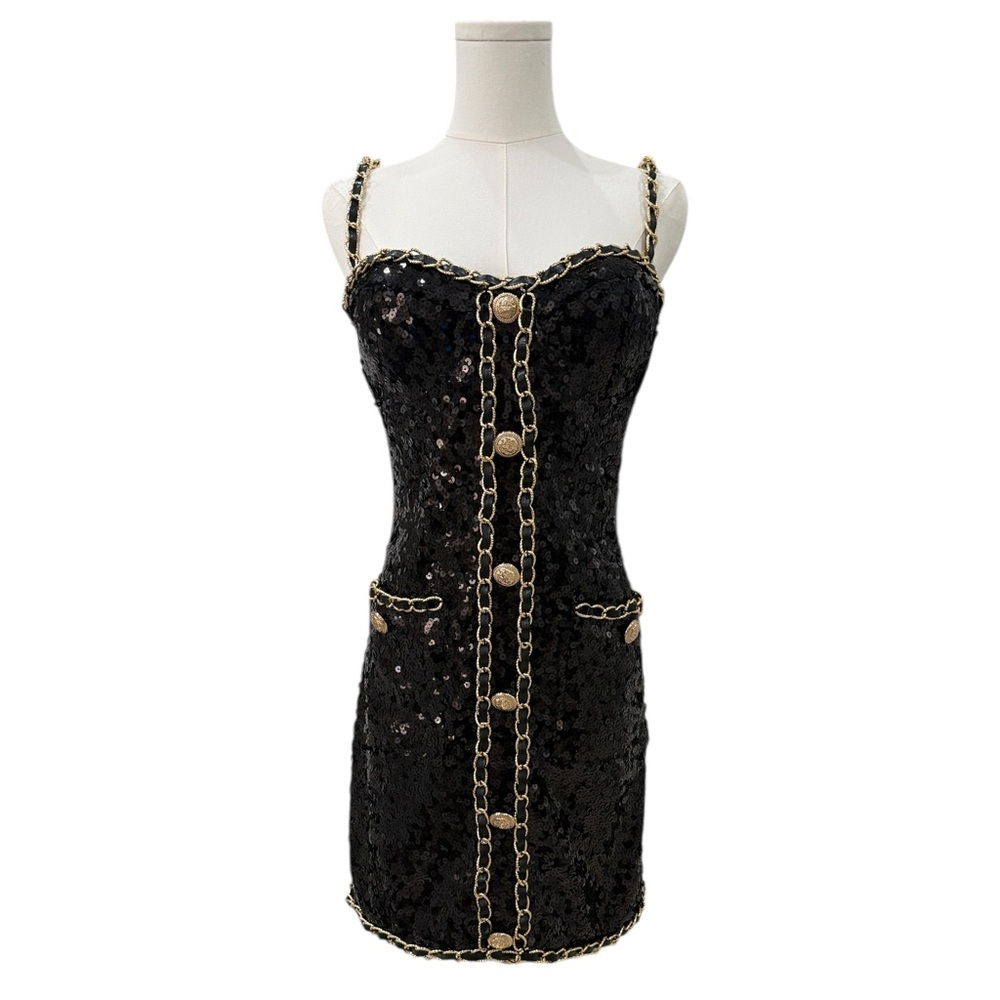 Fashion Nova Luxe Black Sequin Dress with Gold Chain Accents | XL